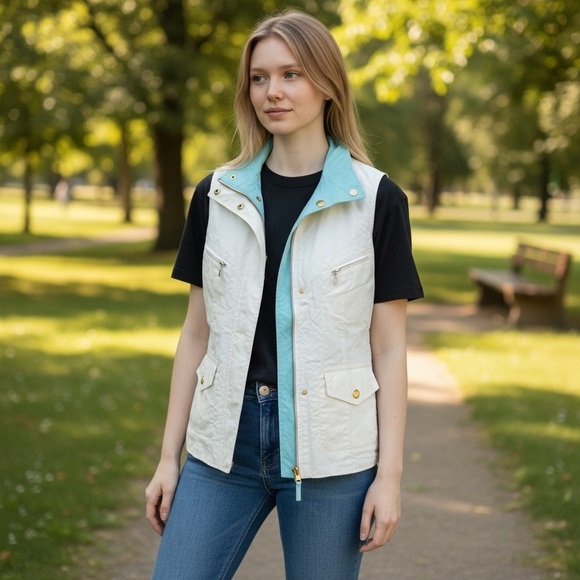 Ralph Lauren Jackets & Blazers - Ralph Lauren Reversible Vest Ivory Aqua Blue Gold Hardware Size Medium